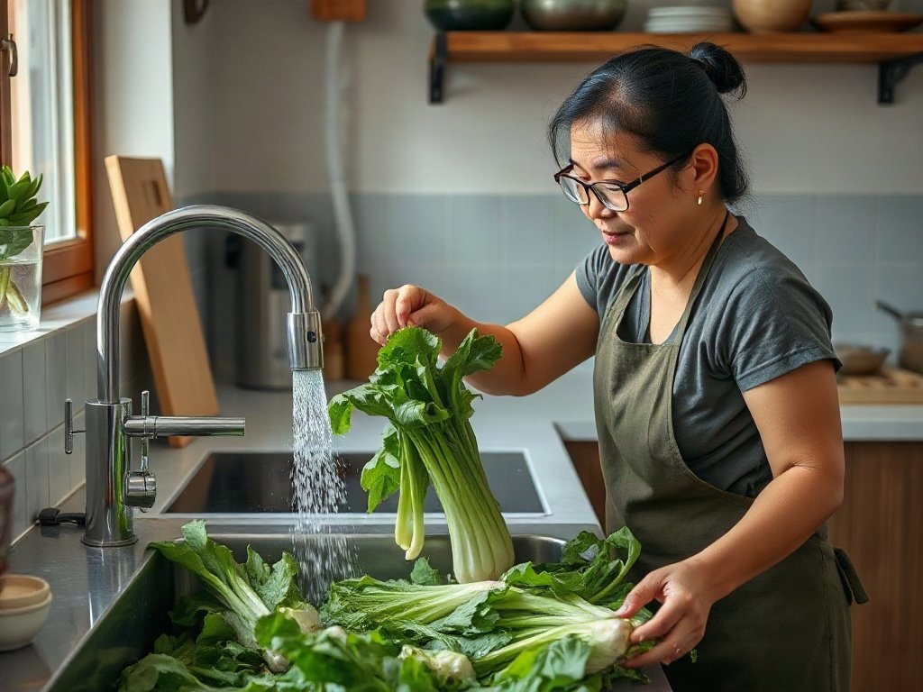 Người Việt rửa rau xanh dưới vòi nước