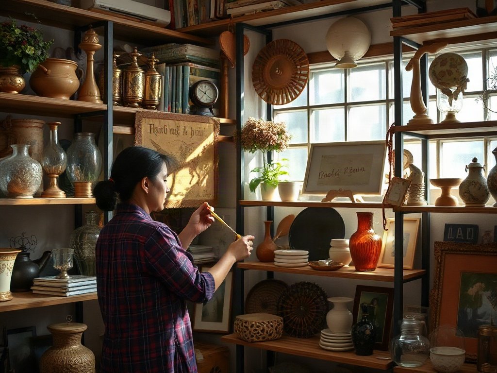 Người Việt sắp xếp và dọn dẹp kệ trang trí vintage với ánh sáng tự nhiên