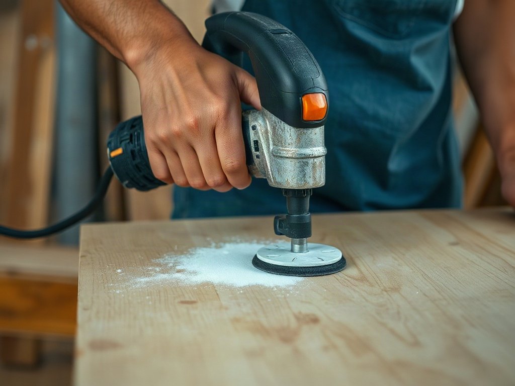 Người Việt sử dụng máy chà nhám trên bàn gỗ