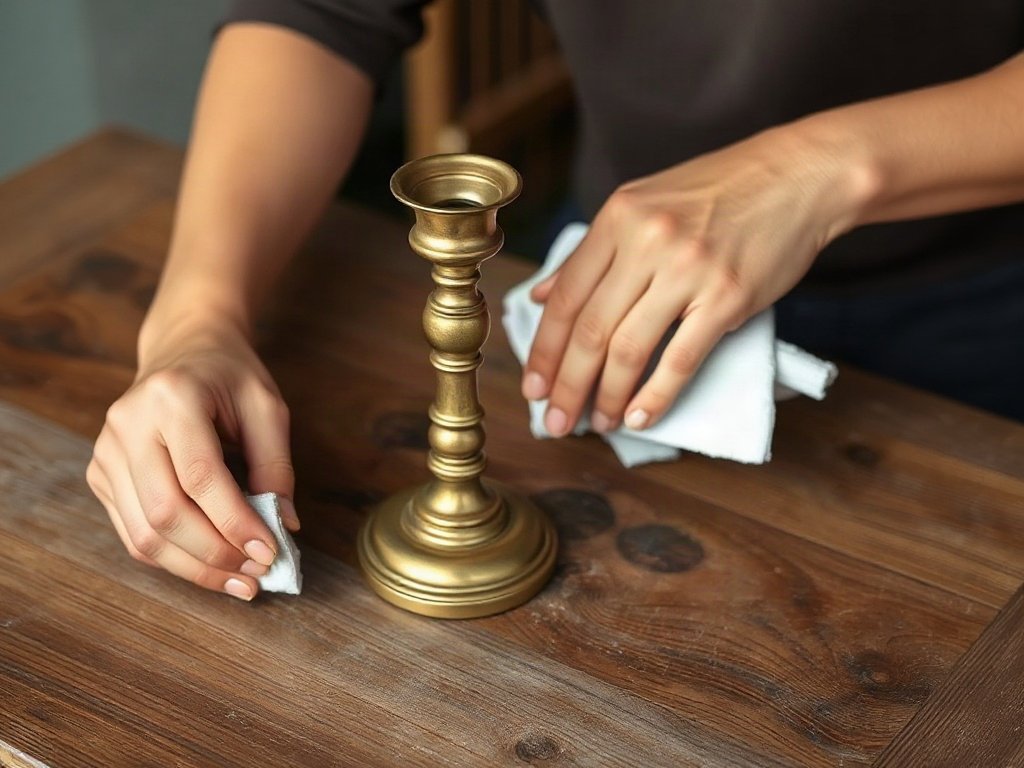 Người Việt vệ sinh giá đỡ nến bằng đồng trên bàn gỗ