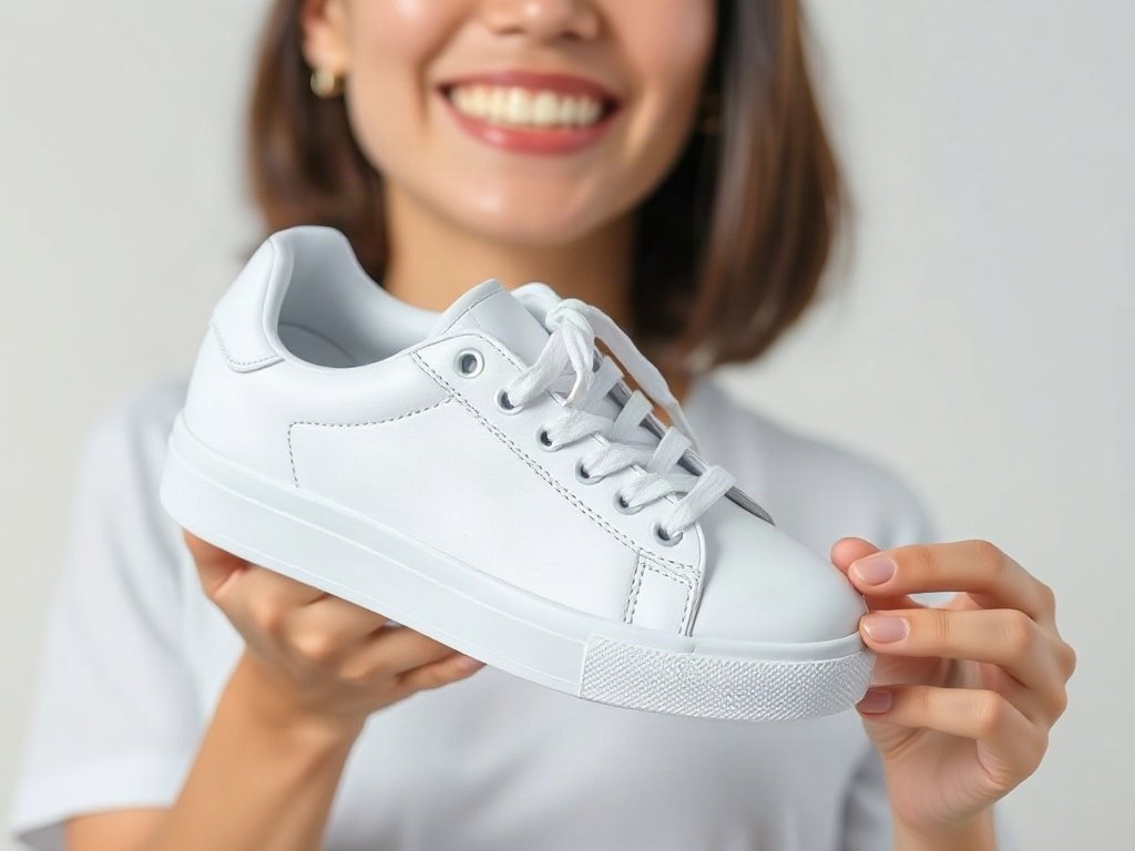 Người Việt vui vẻ cầm đôi giày sneaker trắng sạch bóng