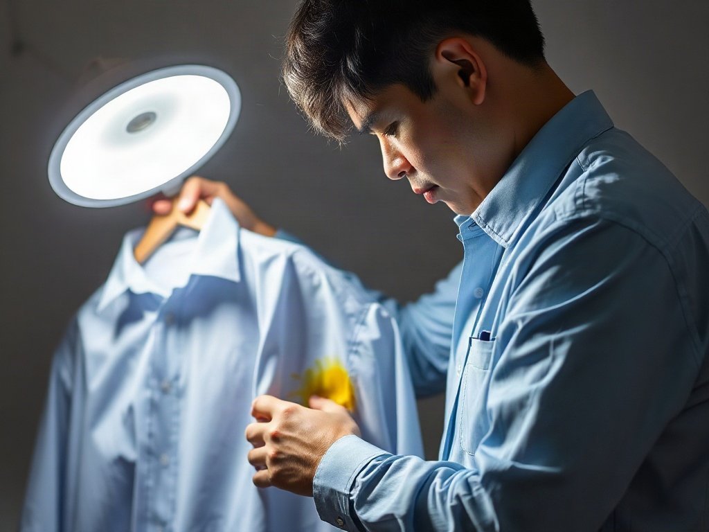 Người Việt xem xét áo dưới ánh sáng mạnh để loại bỏ vết ố vàng