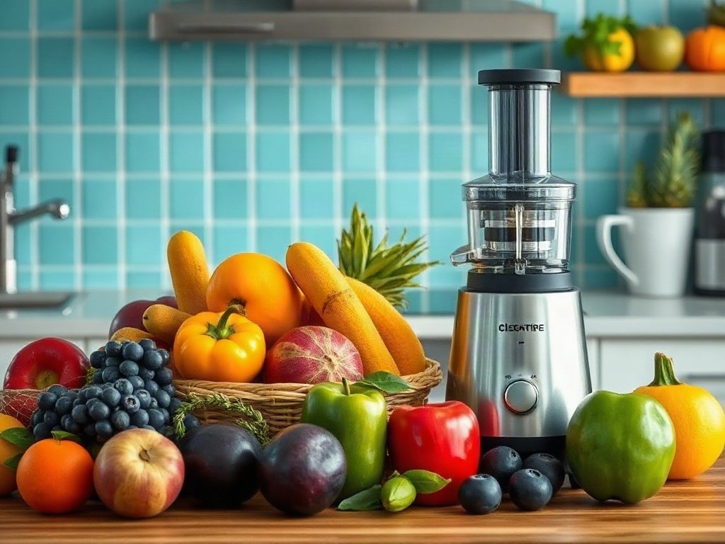 Nhà bếp tươi đẹp với nhiều loại trái cây và máy ép trái cây sạch sẽ