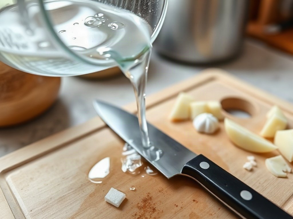 Nước sôi đổ lên dao và thớt trong bếp