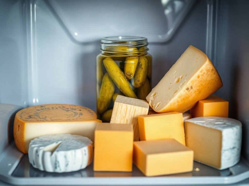 Phô mai và dưa muối trong ngăn tủ lạnh