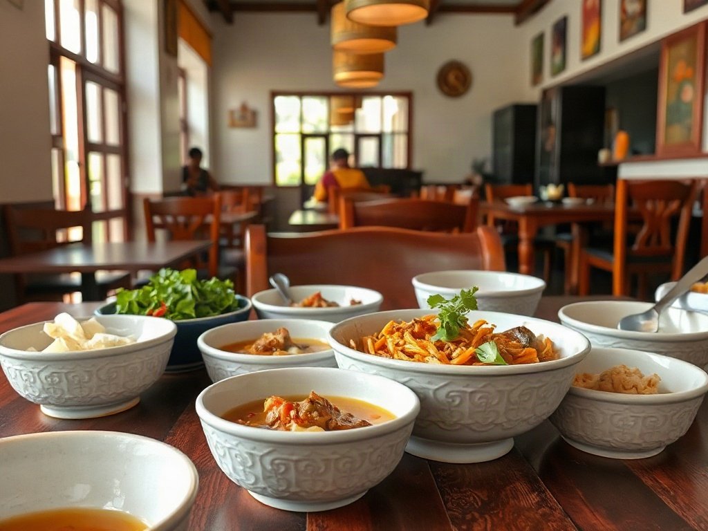 Phòng ăn Việt ấm cúng với bát gốm hoa văn phục vụ bữa ăn truyền thống.
