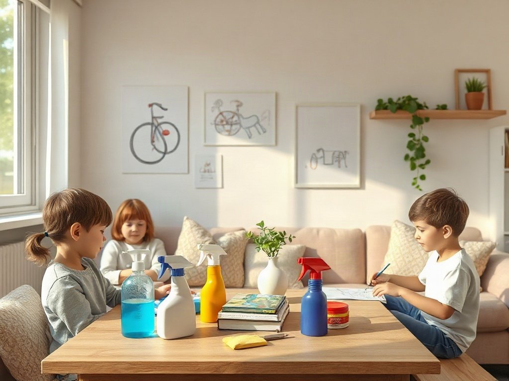 Phòng khách gia đình với trẻ em vẽ lên tường và sản phẩm làm sạch trên bàn