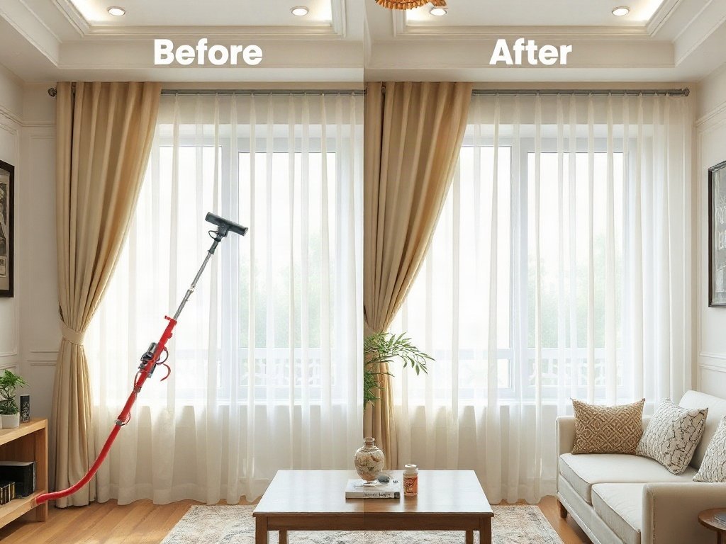 Phòng khách Việt Nam truyền thống với máy hấp, trước và sau khi làm sạch rèm.