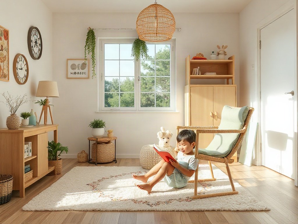 Phòng trẻ sạch sẽ, bé đọc sách an toàn trên thảm