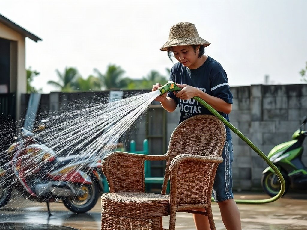 Rửa ghế mây bằng vòi nước ngoài trời tại Việt Nam.