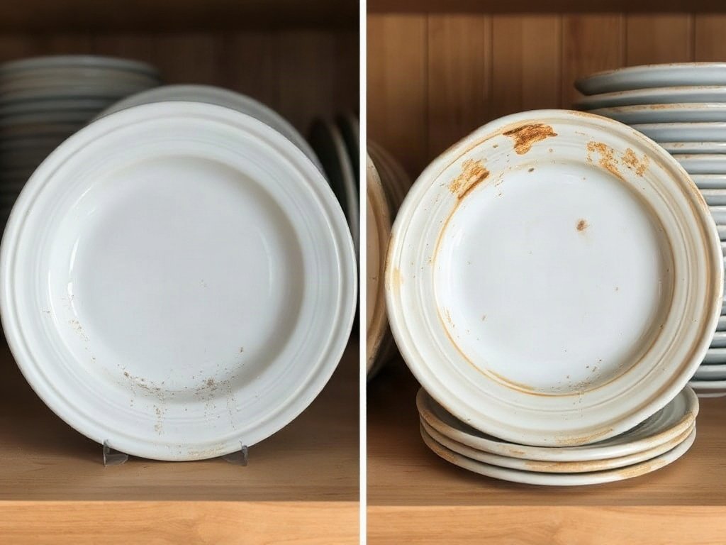 So sánh giữa đĩa gốm sạch và bị mốc, kệ gọn gàng