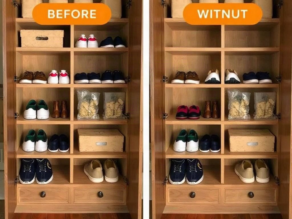 So sánh tủ giày có và không có túi thơm vỏ cam.