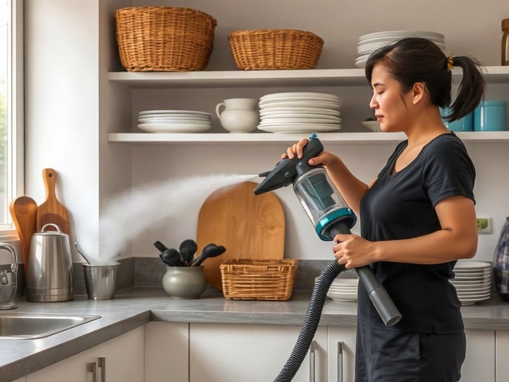 Sử dụng máy hút bụi làm sạch bụi dư thừa từ kệ mây.