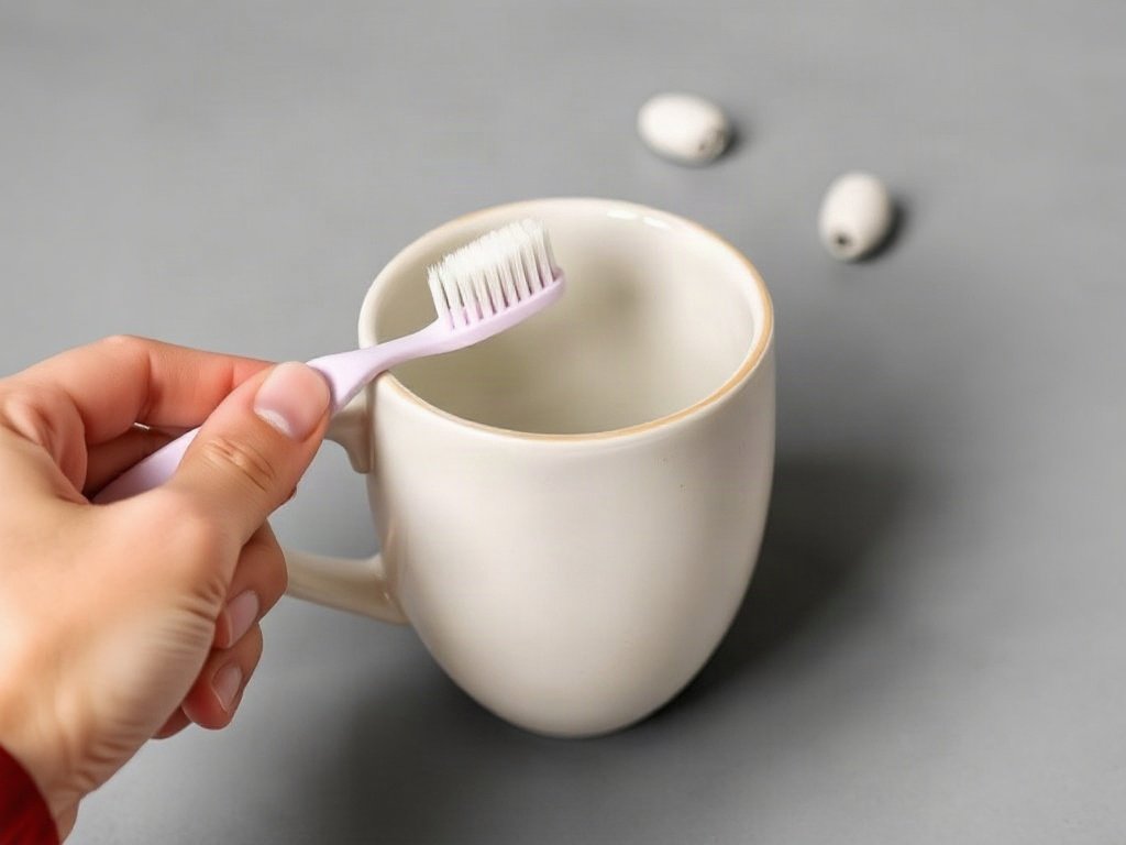 Tay cầm bàn chải đánh răng chà nhẹ vào các điểm khó chạm tới trên cốc sứ
