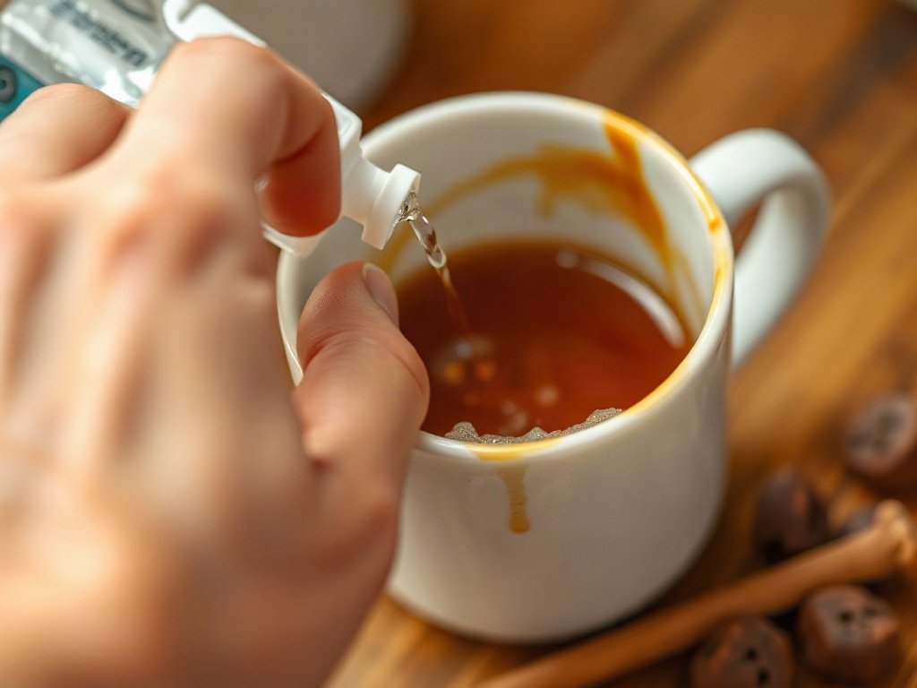 Tay đang chà cốc bẩn trà với nước rửa chén.