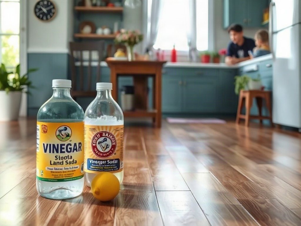 Tẩy mực bằng giấm và baking soda trên sàn gỗ.