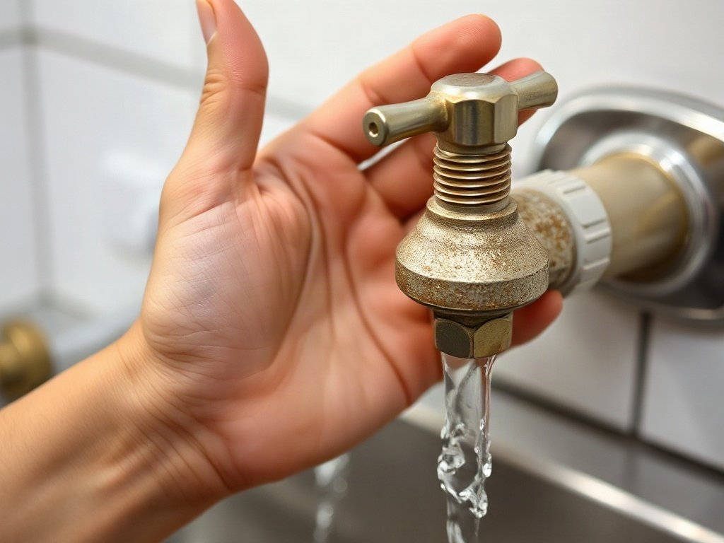 Tay người Việt Nam kiểm tra vòi nước bị đóng cặn khoáng.