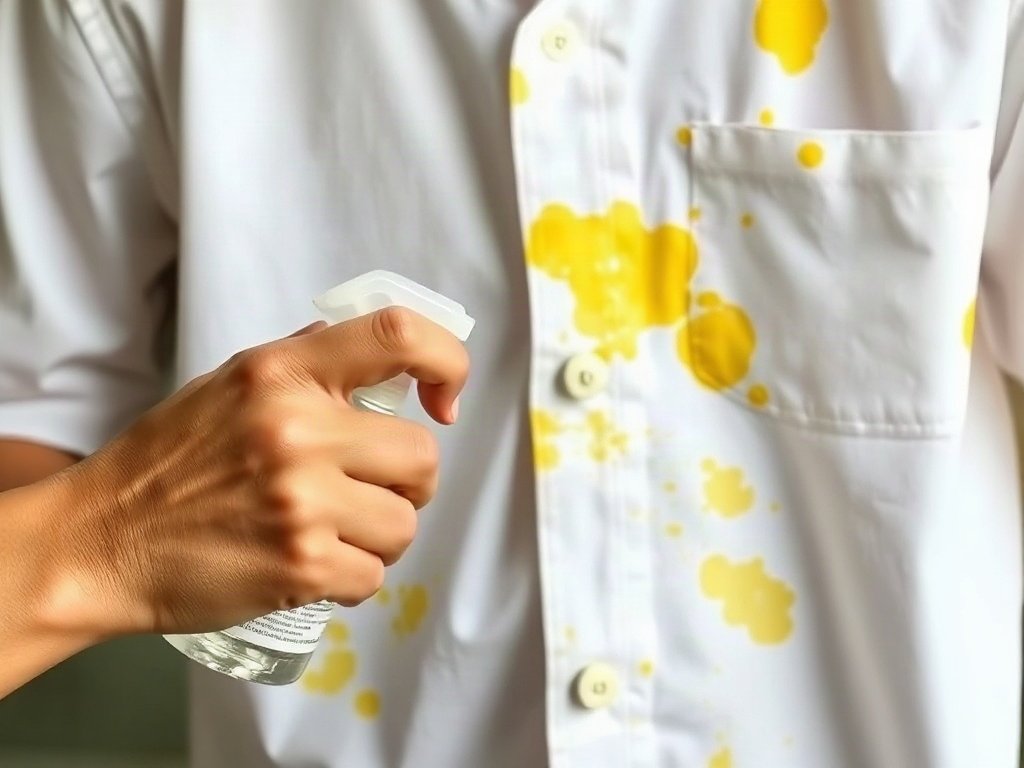 Tay người Việt xịt giấm trắng lên áo trắng có vết ố vàng