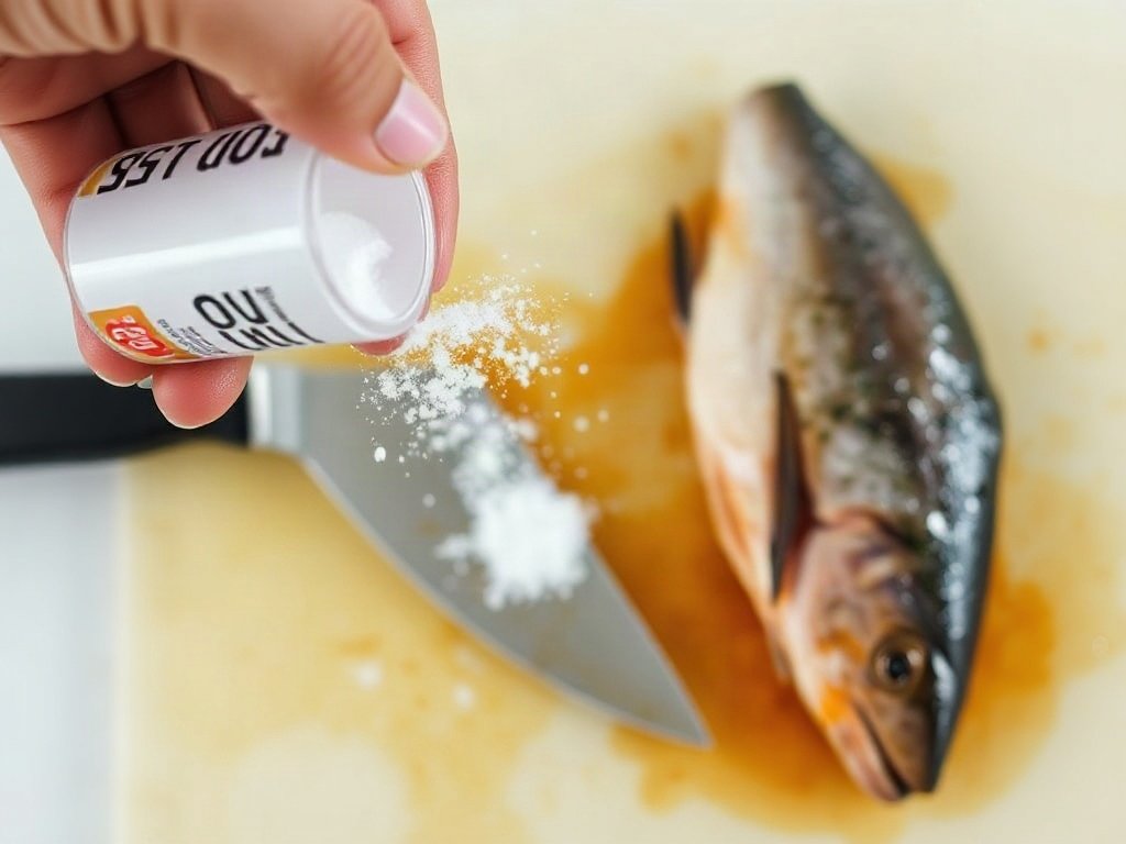 Tay rắc baking soda lên dao bên cạnh cá trên thớt