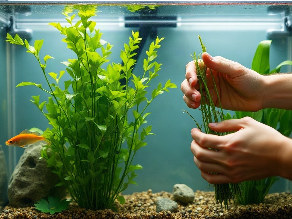 Tay sắp xếp cây thủy sinh trong bể cá mới vệ sinh với lọc nước nền.