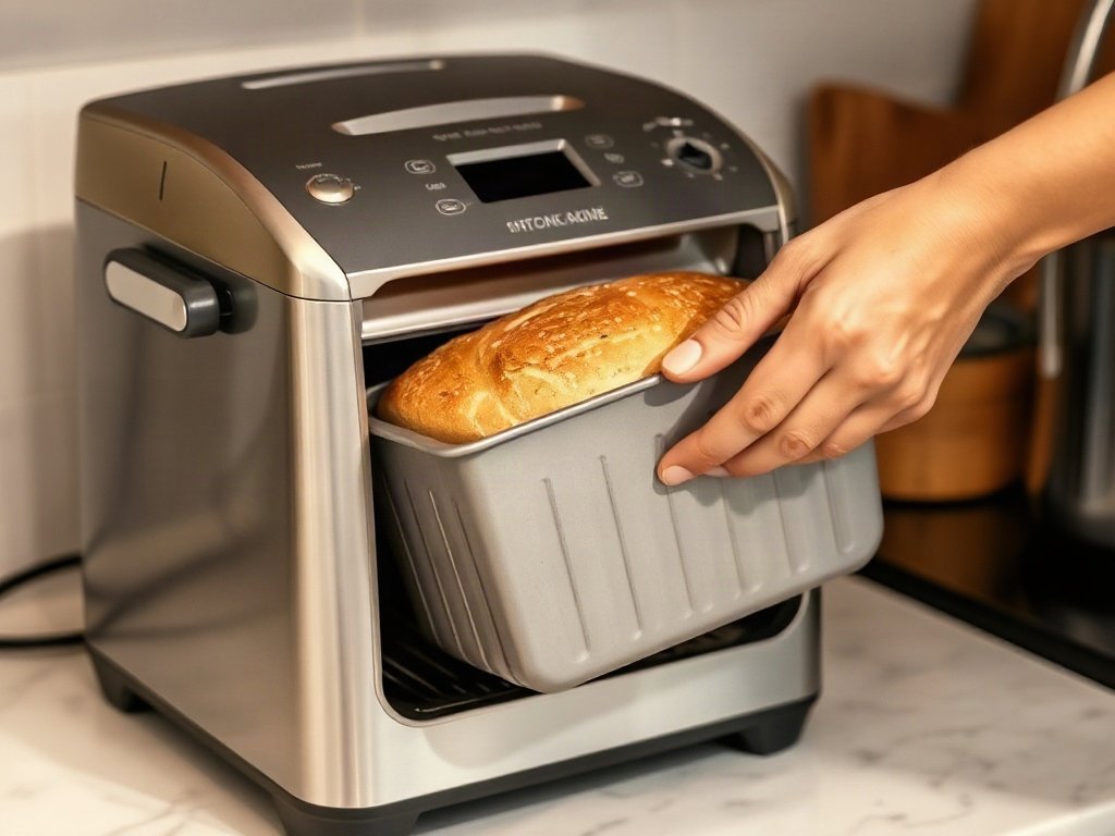 Tháo rời khay bánh khỏi máy làm bánh mì trên quầy bếp.