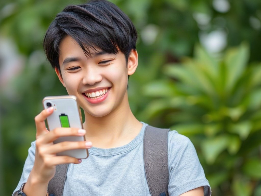 Thiếu niên Việt Nam vui vẻ sử dụng điện thoại với biểu tượng pin khỏe trên màn hình.