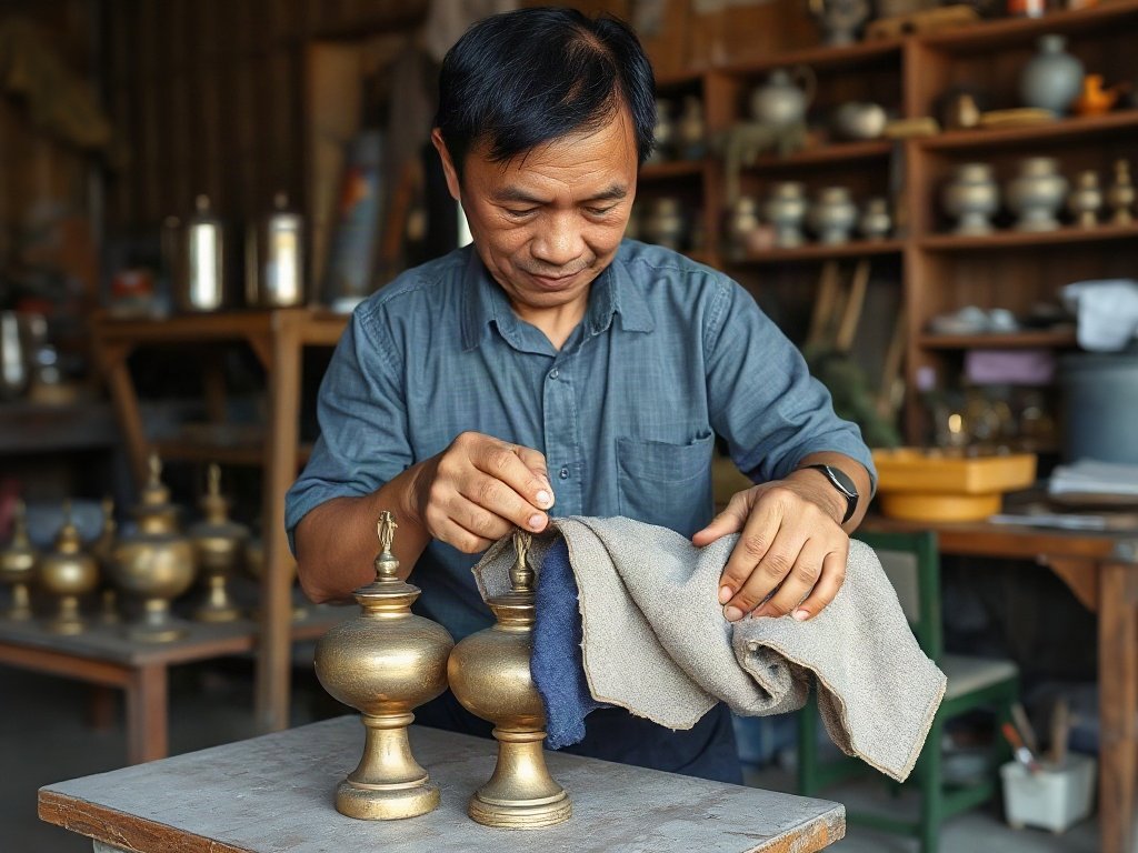 Thợ thủ công Việt đánh bóng đồ đồng trong xưởng