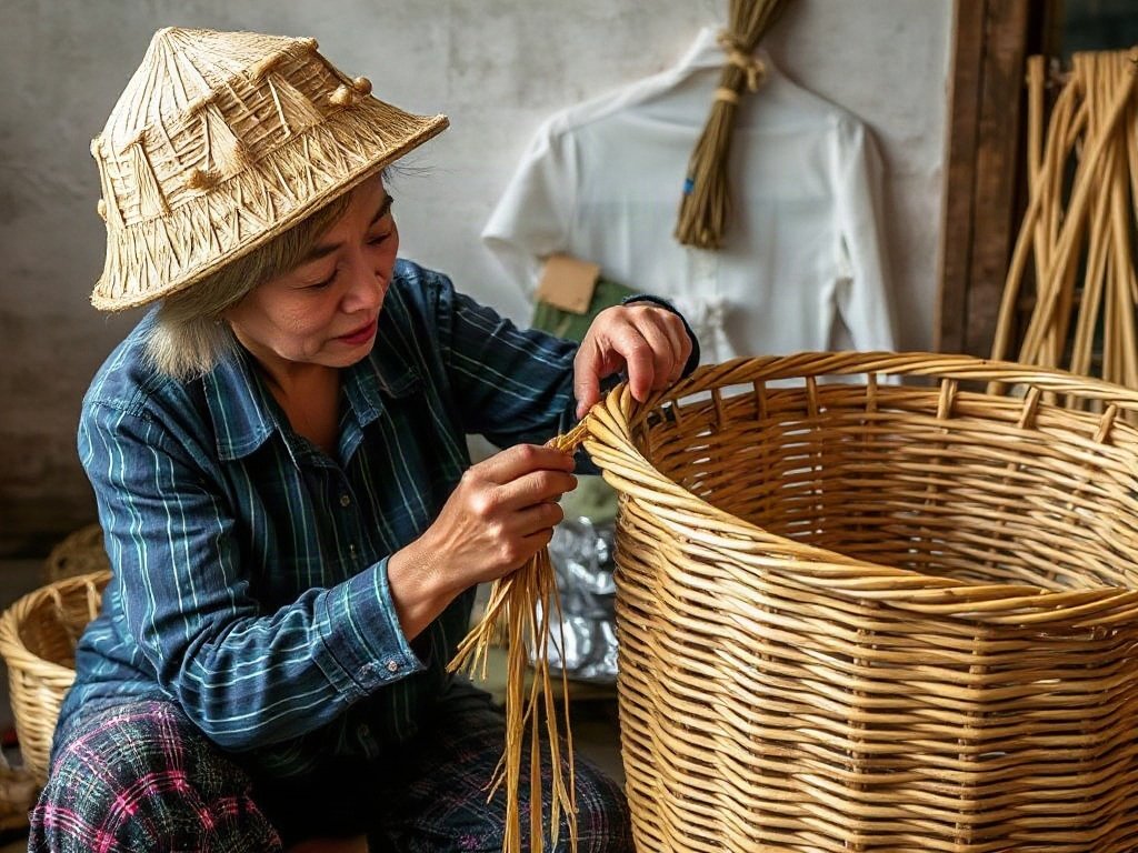 Thợ thủ công Việt sửa lại sợi mây lỏng trên giỏ mây.