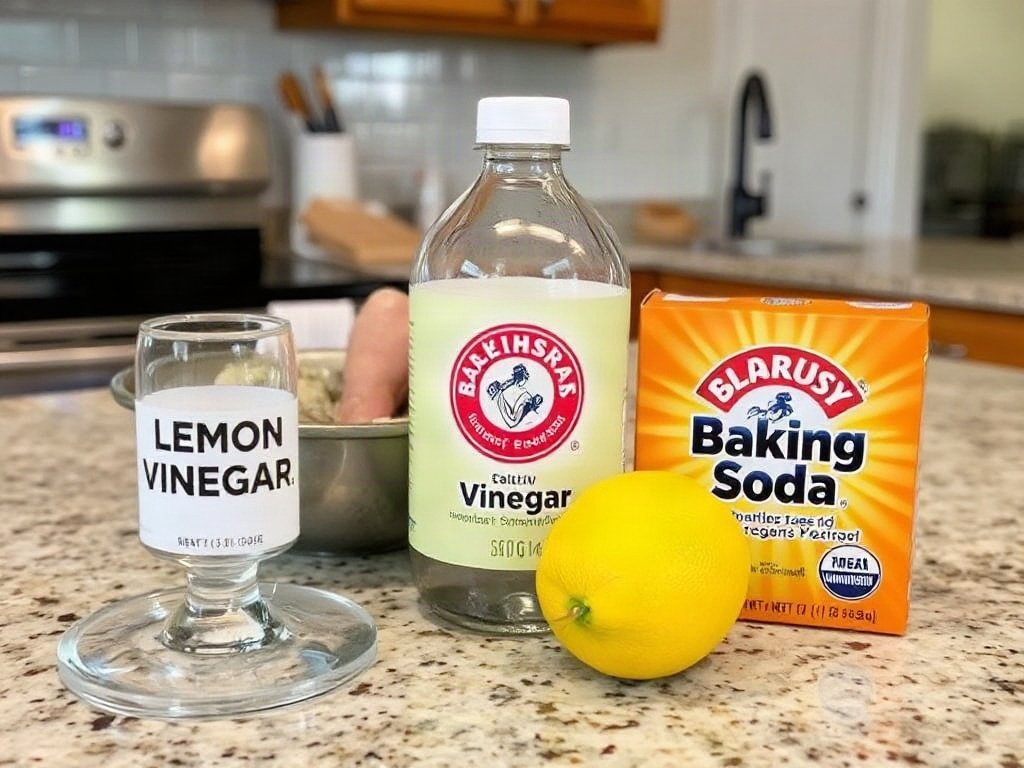 Trình bày chanh, giấm, và baking soda trên quầy bếp