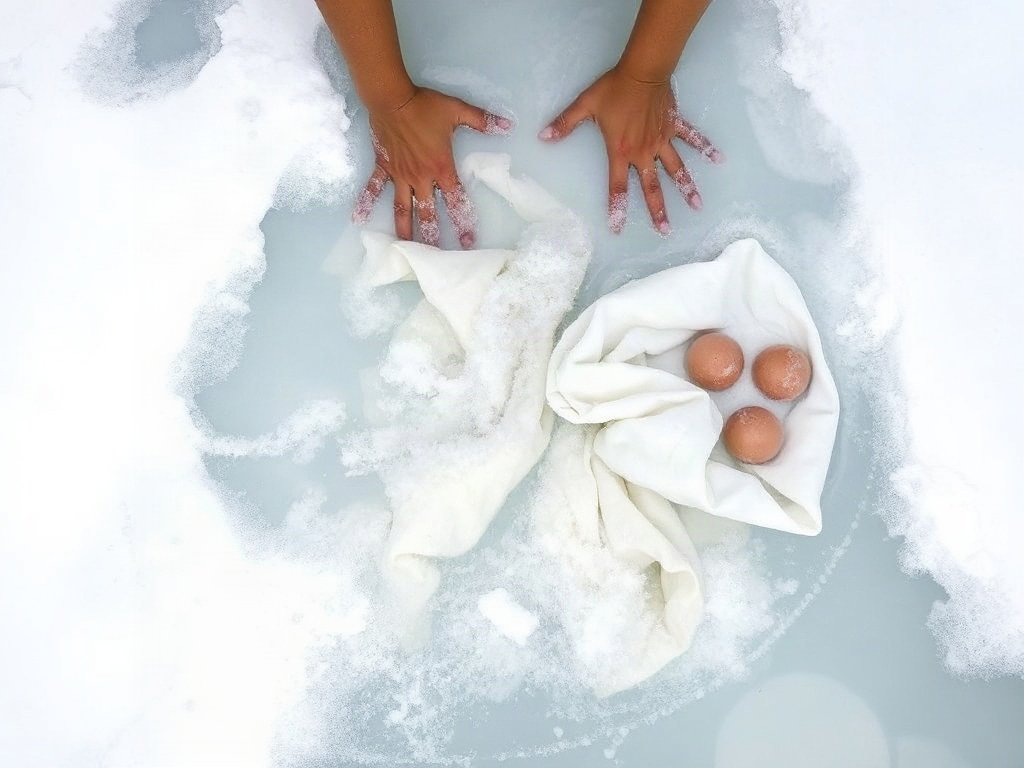 Vải được ngâm trong nước xà phòng với người Việt Nam khuấy nhẹ.