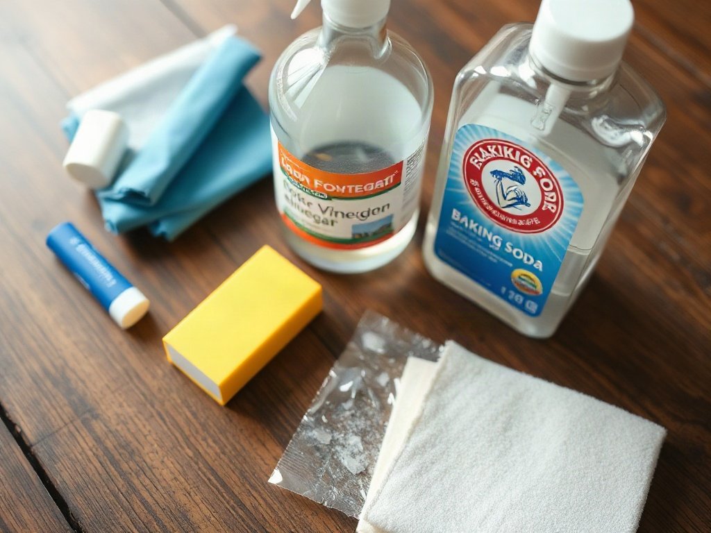 Vật liệu làm sạch bao gồm tẩy, giấm, baking soda trên bàn gỗ