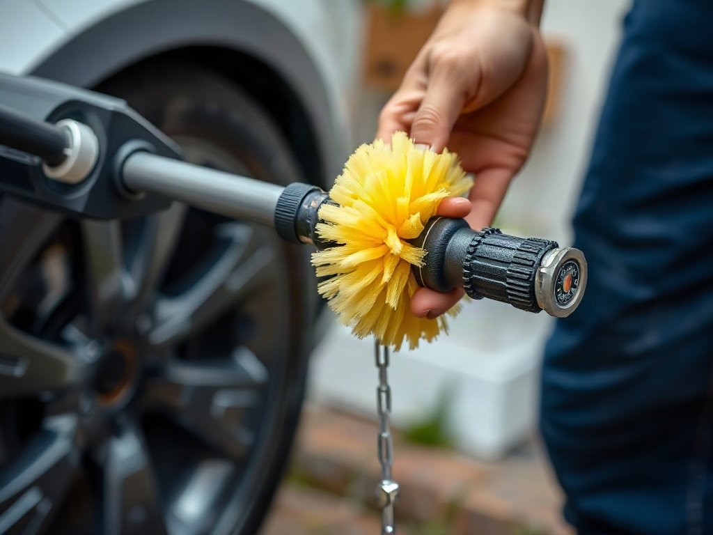 Vệ sinh dây dẫn nước của máy rửa xe với bàn chải