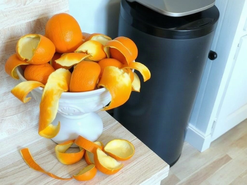 Vỏ cam và quýt tươi bên cạnh thùng rác