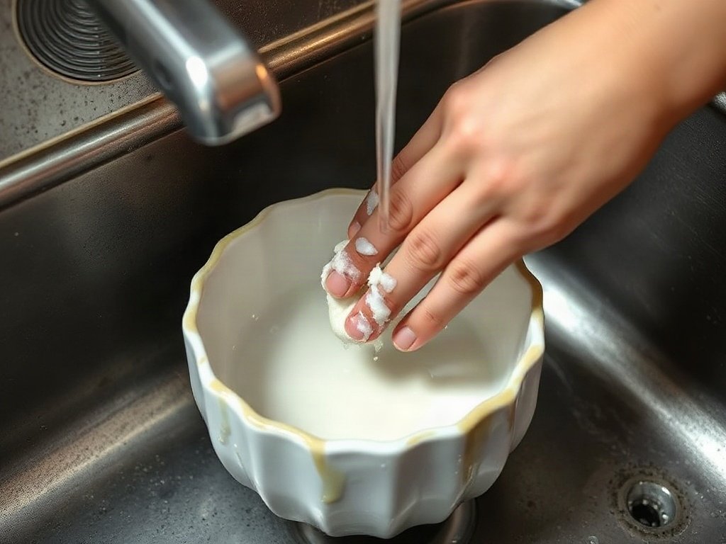Xà phòng và nước ấm đang được áp dụng lên bề mặt gốm mốc