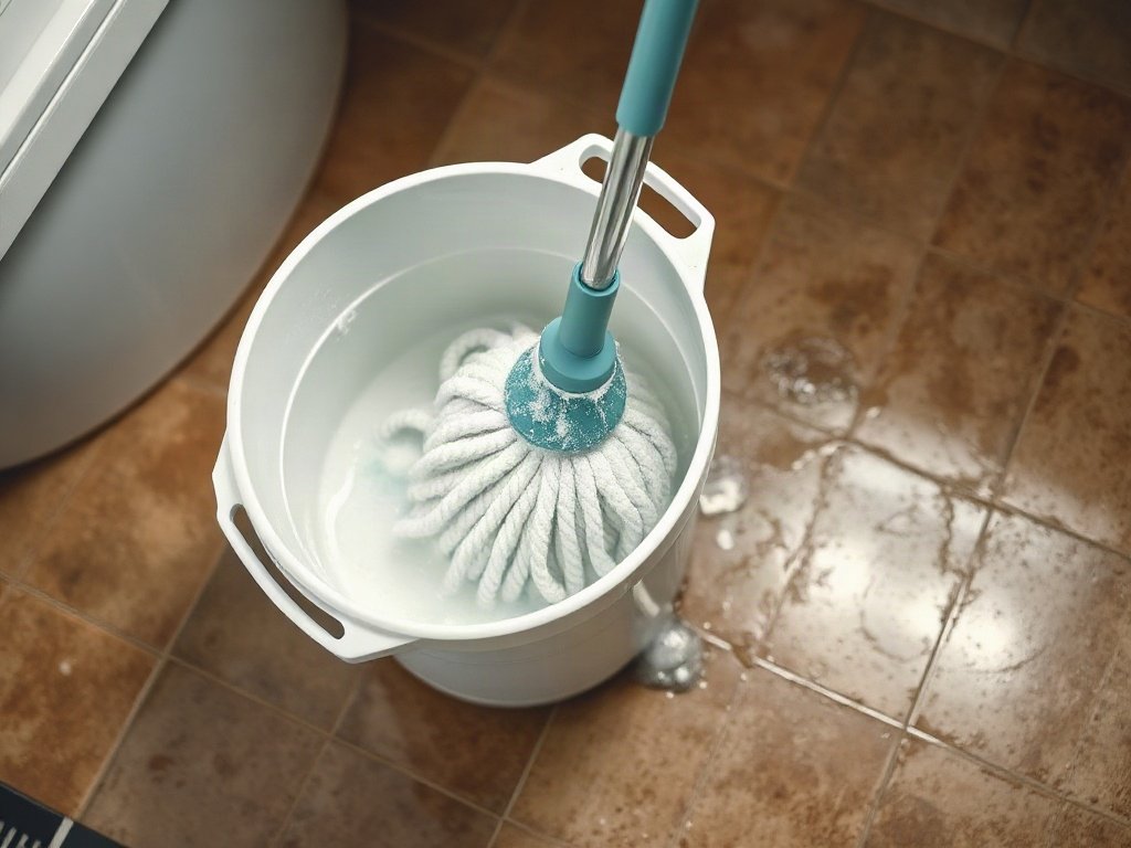 Xô nước xà phòng và cây lau để làm sạch bếp
