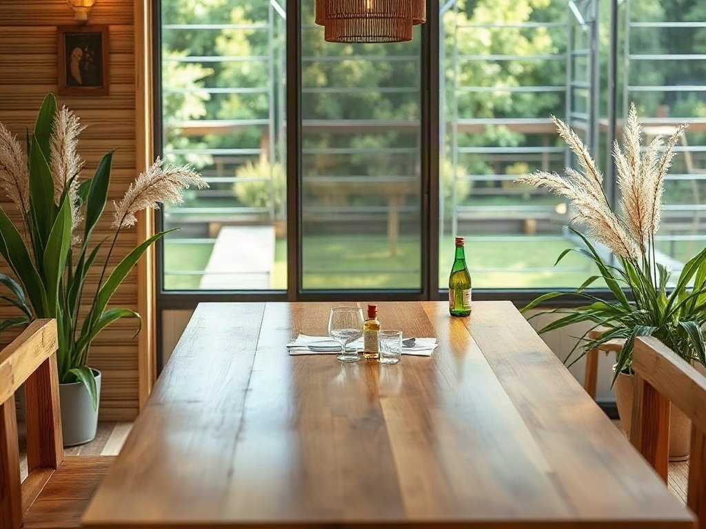 Bàn ăn gỗ được bao quanh bởi không gian sạch nhờ nước vo gạo