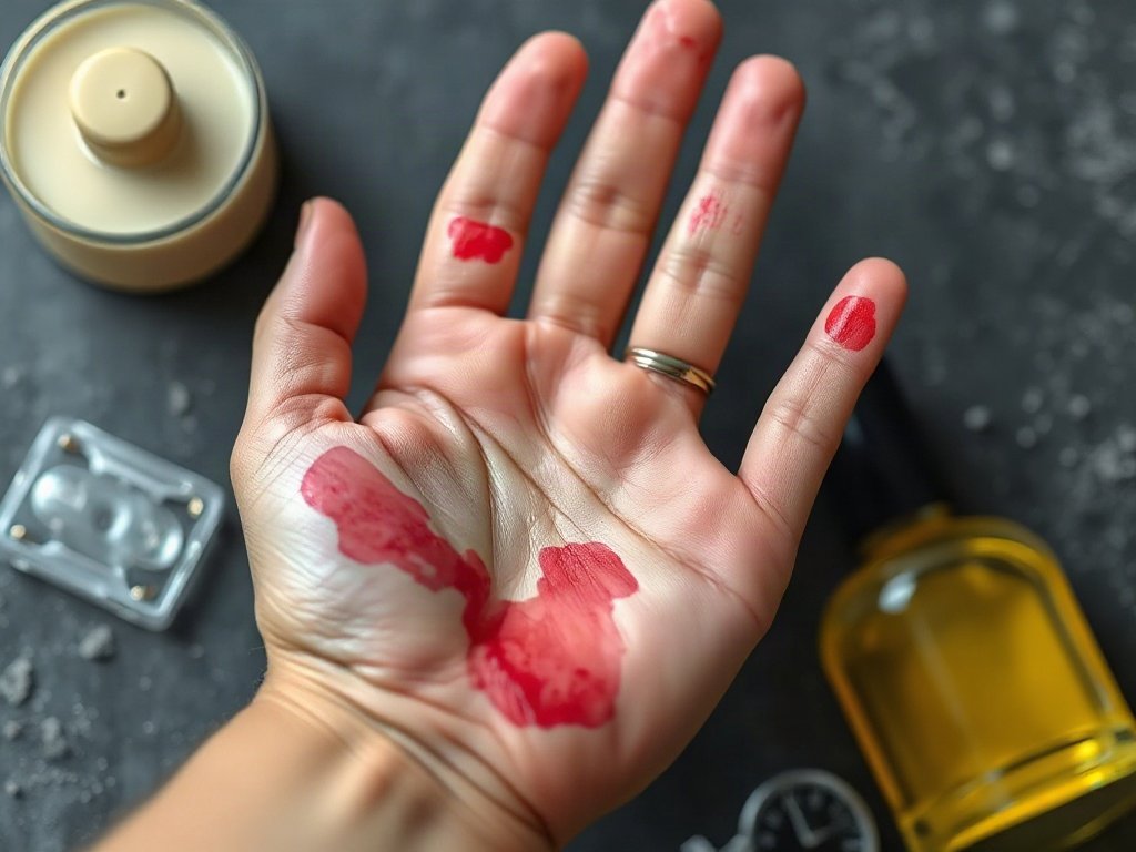 Bàn tay sạch sẽ sau khi tẩy vết mực kèm vật dụng dùng để làm sạch