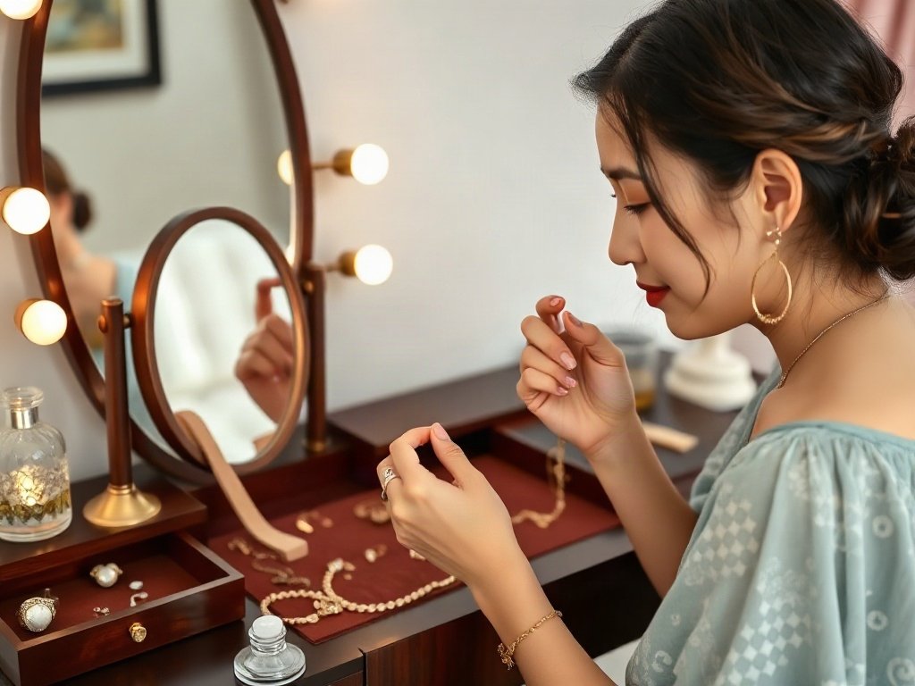Bàn trang điểm đẹp với người phụ nữ Việt Nam kiểm tra đồ trang sức.