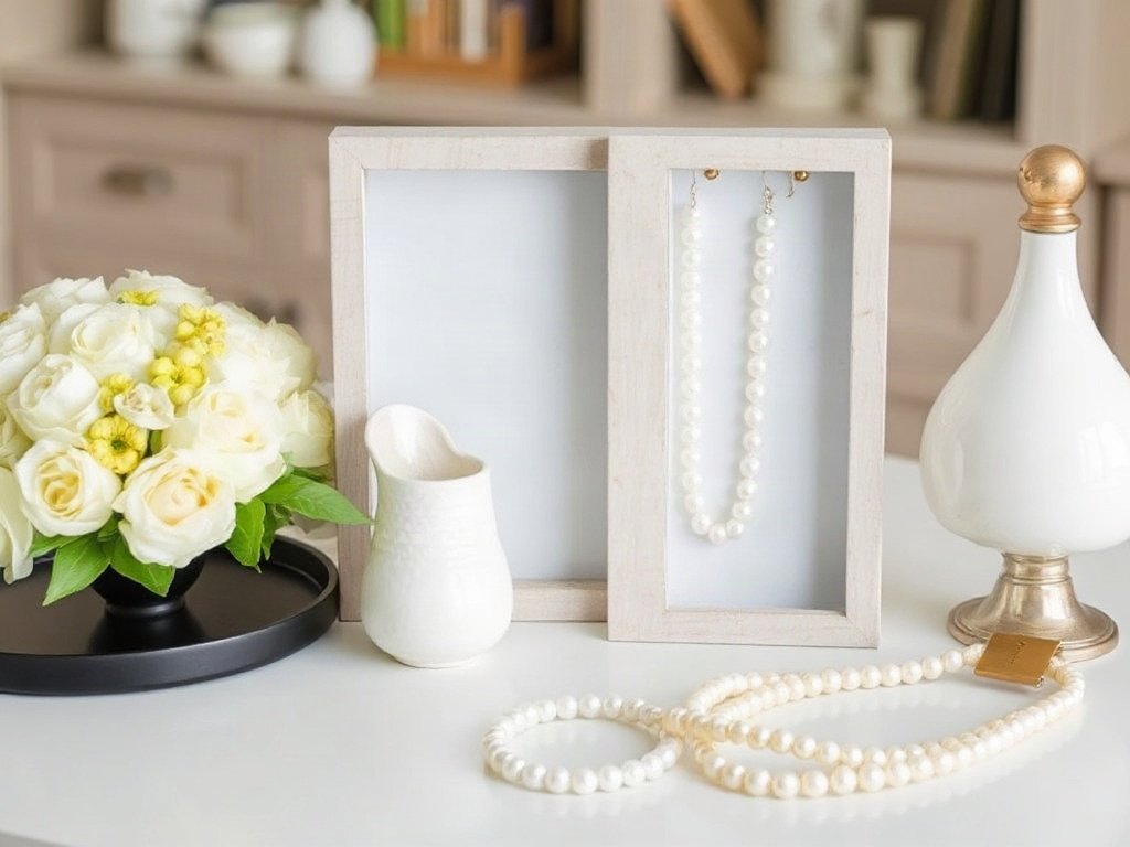 Bàn trang trí với các vật dụng gợi ý cách lưu trữ trang sức ngọc trai an toàn.
