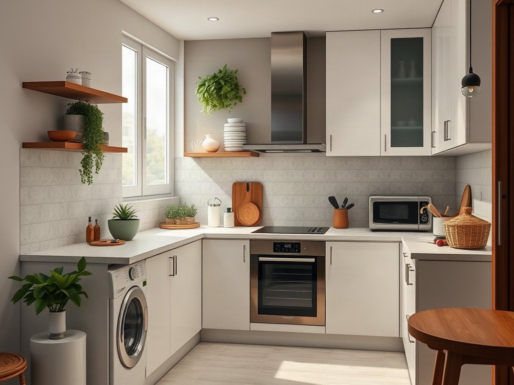 Bếp hiện đại Việt Nam với kệ tivi mặt kính và đồ gia dụng sạch