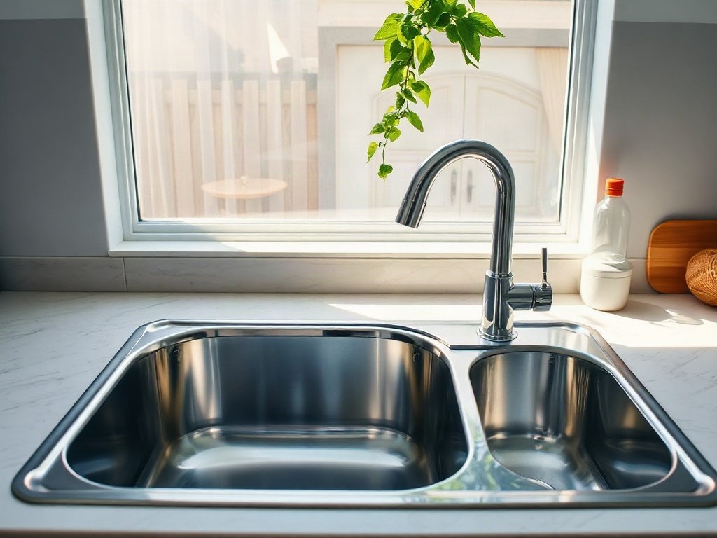 Bồn rửa bằng thép không gỉ sạch sẽ trong nhà bếp.