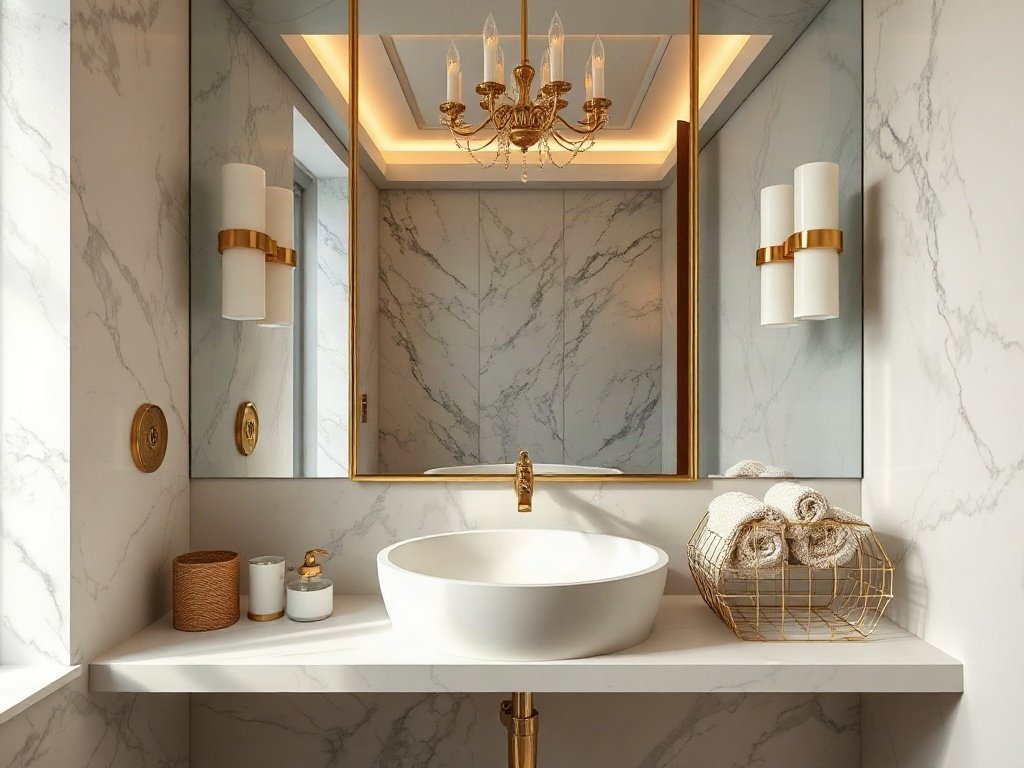 Bồn rửa mặt với thiết kế nội thất sang trọng dát vàng