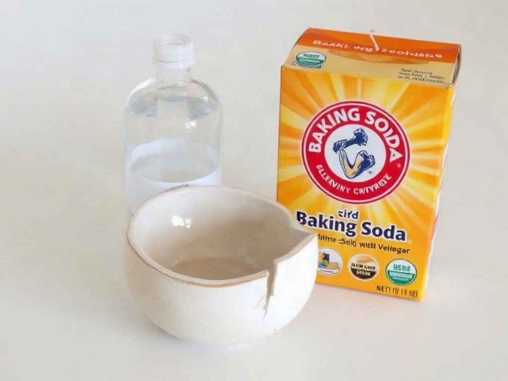 Bột baking soda và giấm cạnh đồ gốm sứ bị mẻ.