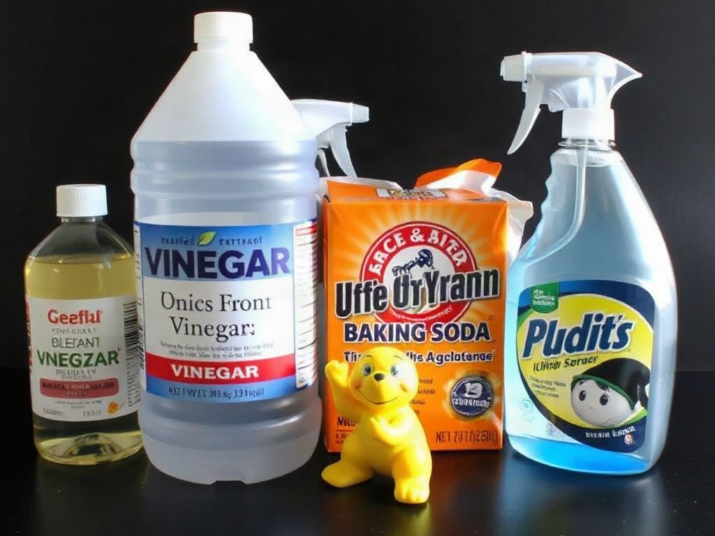 Các chất tẩy rửa tự nhiên như giấm và baking soda bên cạnh đồ chơi nhựa.