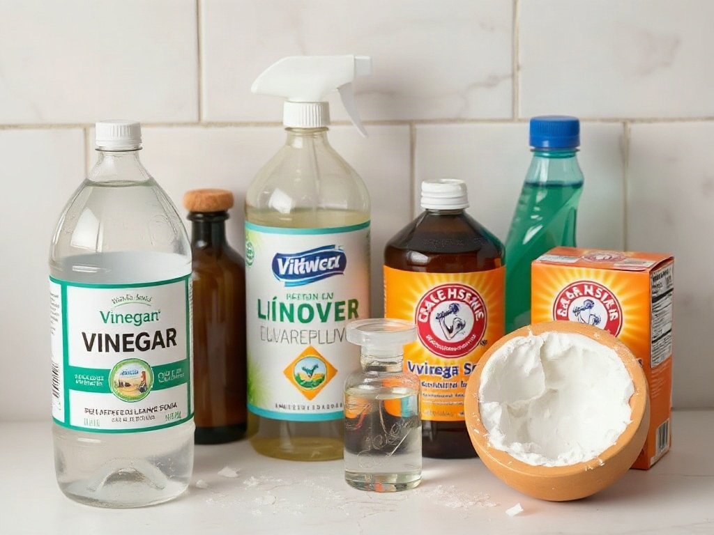 Các sản phẩm làm sạch tự nhiên như giấm và baking soda bên đồ sứ bị rạn nứt.