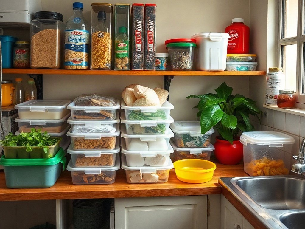 Căn bếp gia đình với các hộp đựng nhựa sạch và gọn gàng.