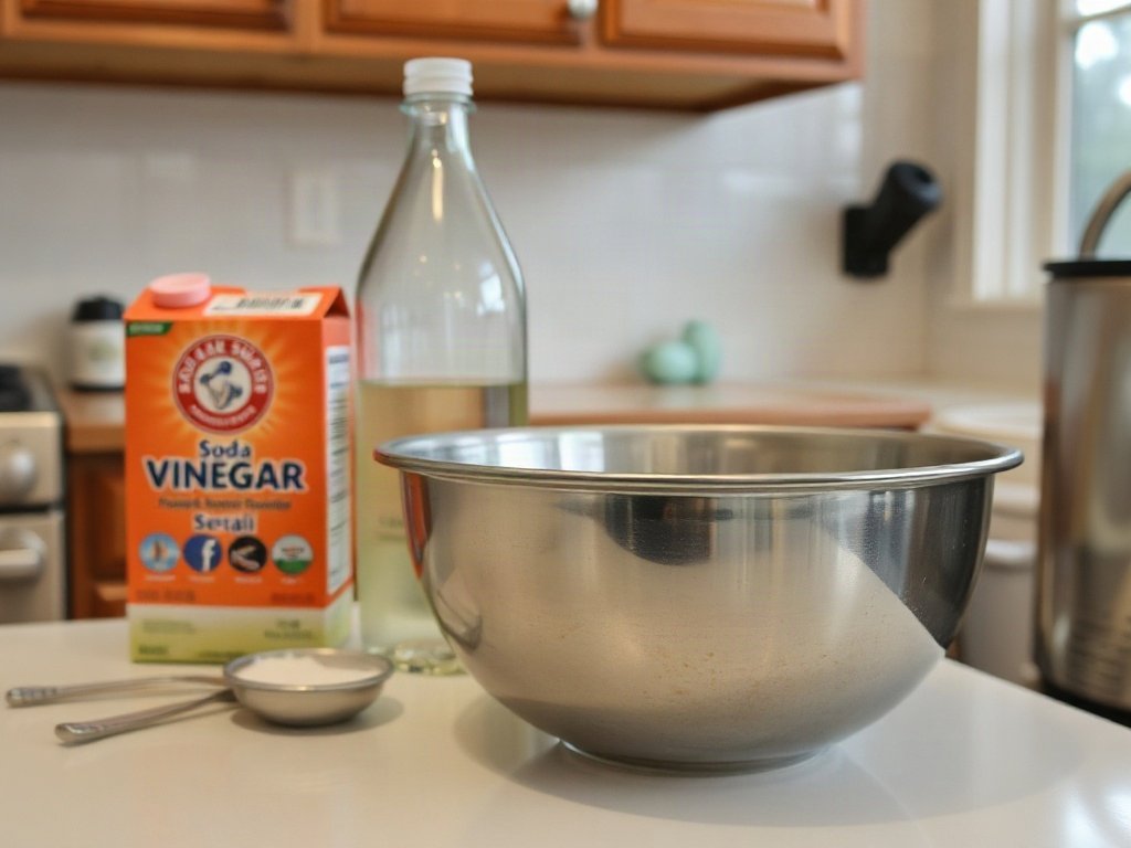 Căn bếp với các vật dụng làm sạch như soda, giấm và chén