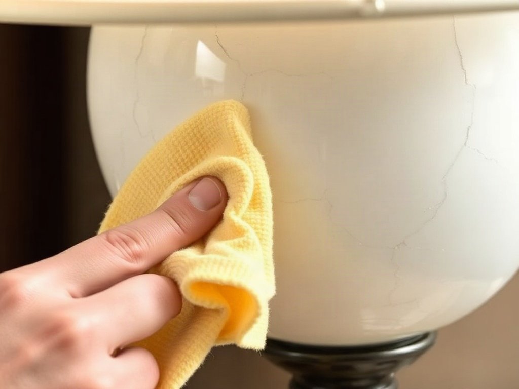 Cận cảnh đèn sứ bị rạn nứt đang được lau bằng khăn sợi nhỏ.