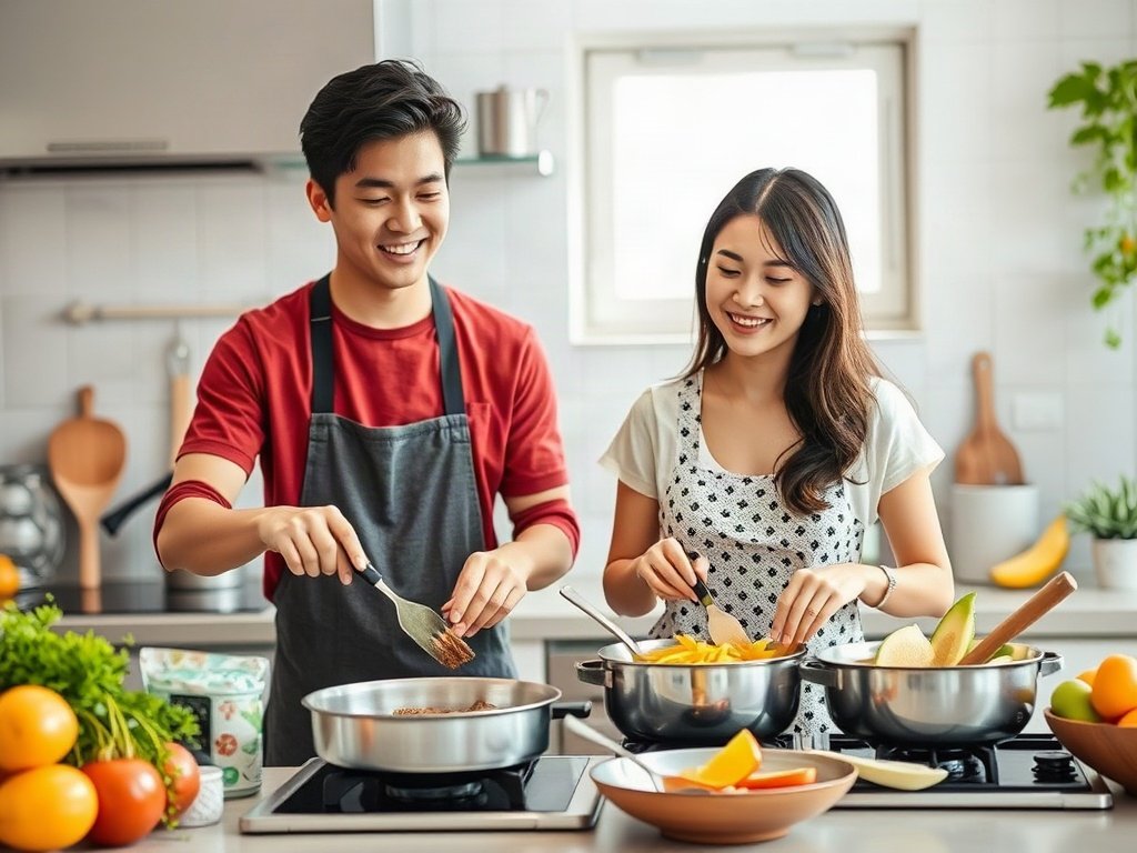 Cặp đôi trẻ Việt Nam vui vẻ nấu ăn trong bếp sạch.
