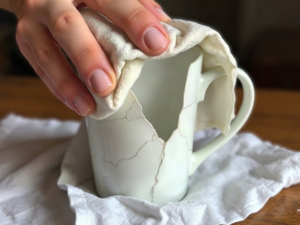 Chè be đổ mạnh tay lên tách sứ bị rạn, nhấn mạnh quá trình làm sạch tỉ mỉ.